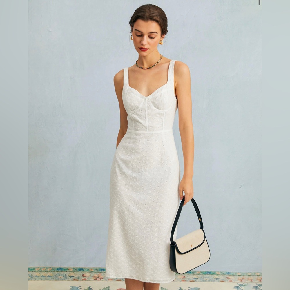 NWT! The White Sweetheart Neck Embroidery Midi Dress